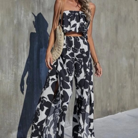 Boho Floral sleeveless Tube Top And Pants Set cottagecore Black White - Picture 3 of 8